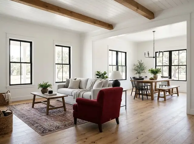 Illustration of a renovated open living room with a wide-plank oak floor, white walls and a red accent chair